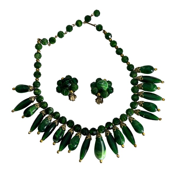 Vintage Green Hues Choker Necklace Earrings Set - Picture 4 of 10
